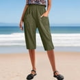 thumbnail image 2 of CheerKidz Women's High Waisted Cropped Pants Cotton Linen Solid Color Elastic Waist Pocket Pants Casual Straight Leg Spring Summer Casual Trousers(Army Green,S), 2 of 6