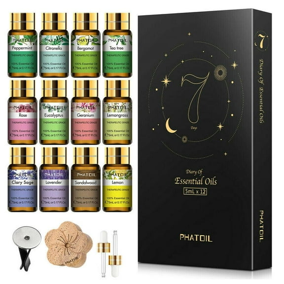 PHATOIL Essential Oils Set, 12pcs Gift Set Oils for Diffusers, Humidifiers, Aromatherapy, Candle Making Scents, Home Products, Peppermint, Tea Tree, Lavender, Eucalyptus, Lemongrass (5mL)