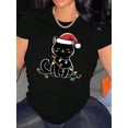thumbnail image 1 of T-Shirt Décontracté de Noël pour Femmes avec Imprimé Chat, Col Rond en Polyester, Graphique Festif, Tissu Tricoté Extensible Moyen, pour Toutes Saisons, Confortable, Fête des Pères, Fête des Mères, Nouvel An, Printemps, 1 of 7