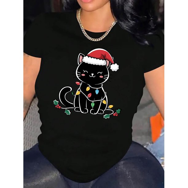 Camiseta informal con estampado navideño de gato para mujer, de algodón, cuello redondo, estampado festivo, tejido de punto de elasticidad media, ajuste cómodo para cualquier temporada, ideal para dep