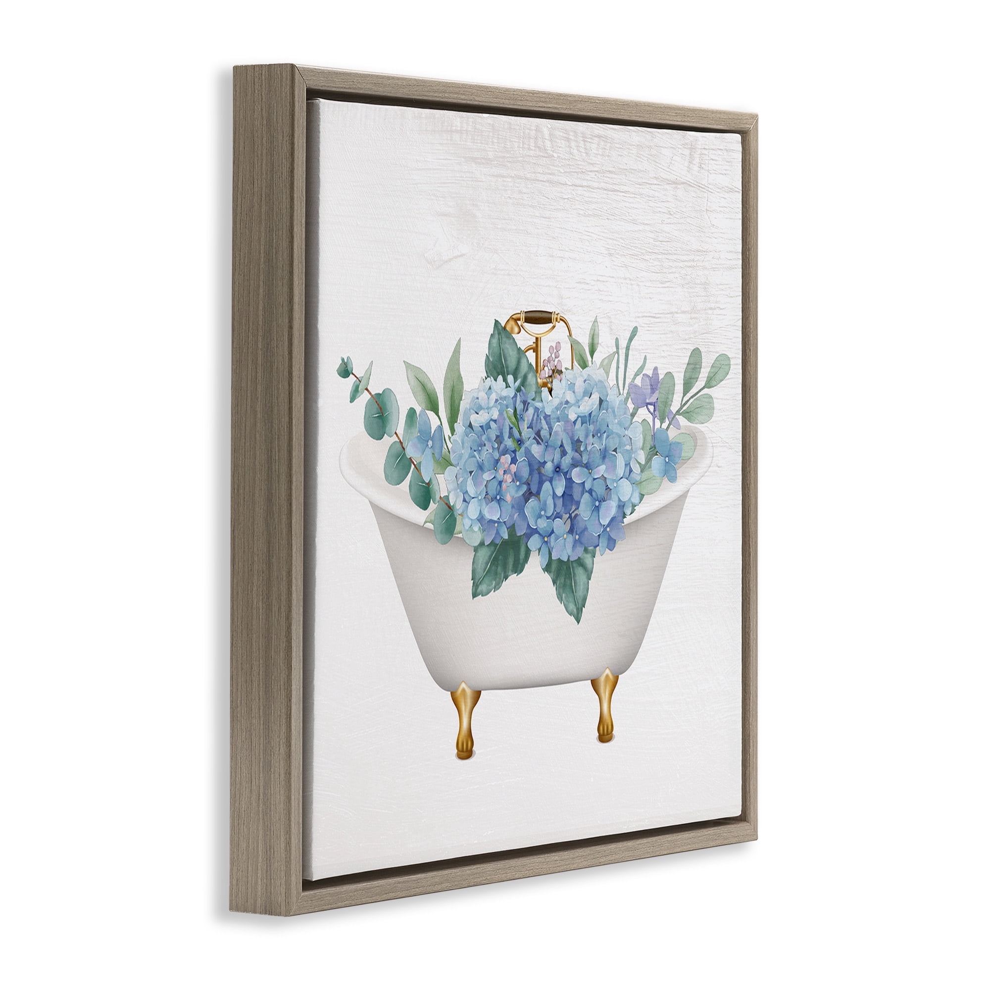 Stupell Industries Chic Bathtub with Hydrangea Blossoms Botanical & Floral Painting Brown Floater Framed Canvas Art Print Wall Art, 18 x 18