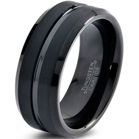Tungsten Wedding Band Ring 10mm for Men Women Comfort Fit Black Step Beveled Edge Polished Brushed Lifetime