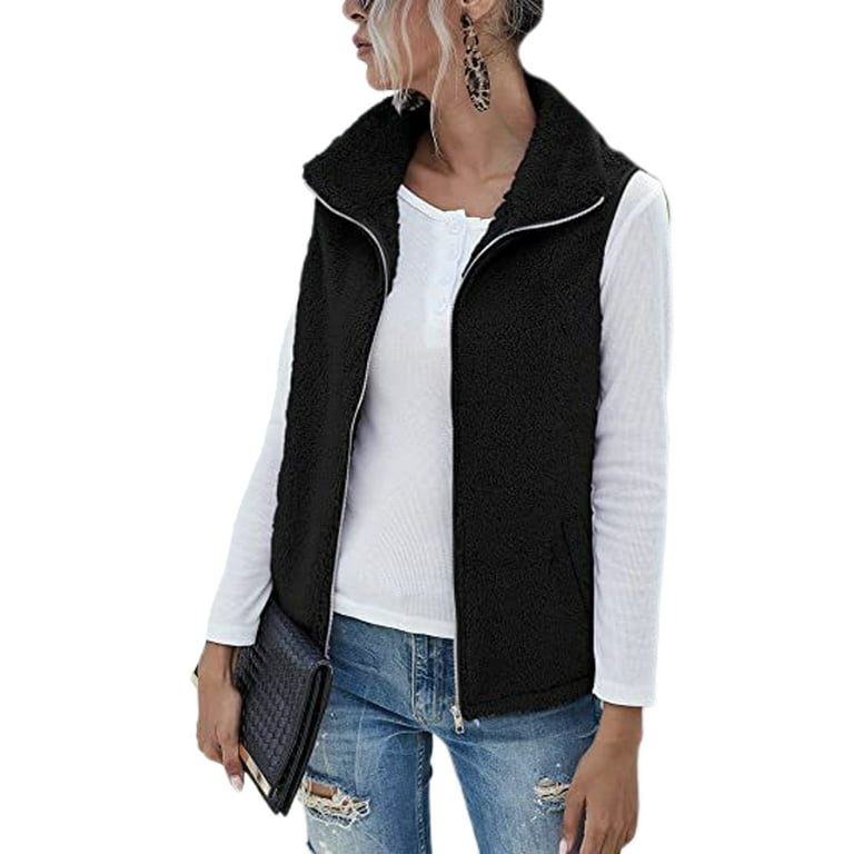 Frontwalk Fuzzy Fleece Sleeveless Jacket for Women Winter Zip Up