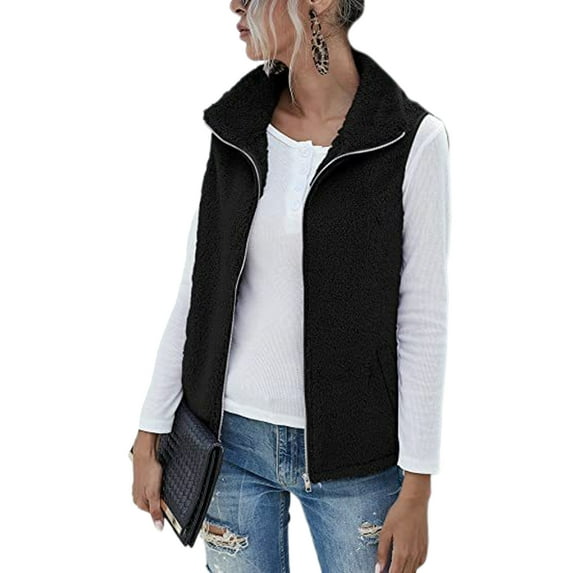 Capreze Fuzzy Fleece Sleeveless Jacket Vest for Women Solid Color Waistcoat for Women Plush Casual Outwear With Pockets Black XL