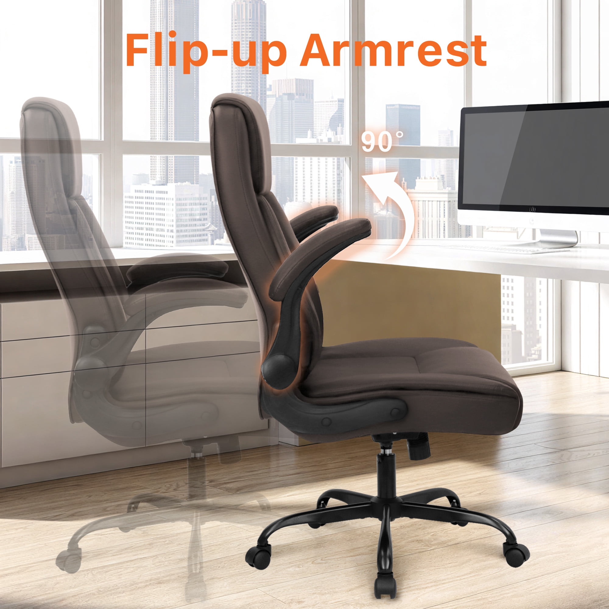 NEO CHAIR Executive Office Chair, Ergonomic High back Cushioned, Wide Leather Seat 8 Hours Heavy Duty Design, Flip Up Armrest Computer Desk Chair, Brown