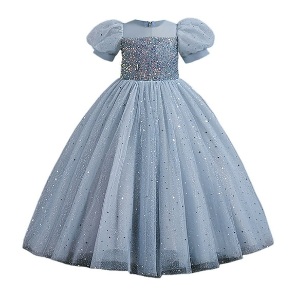 Sopiago Flower Girls Sparkle Tulle Sequin Puff Sleeves Vintage Dress Princess Wedding Bridesmaid Party Holiday Dresses Grey (10-12 Years)