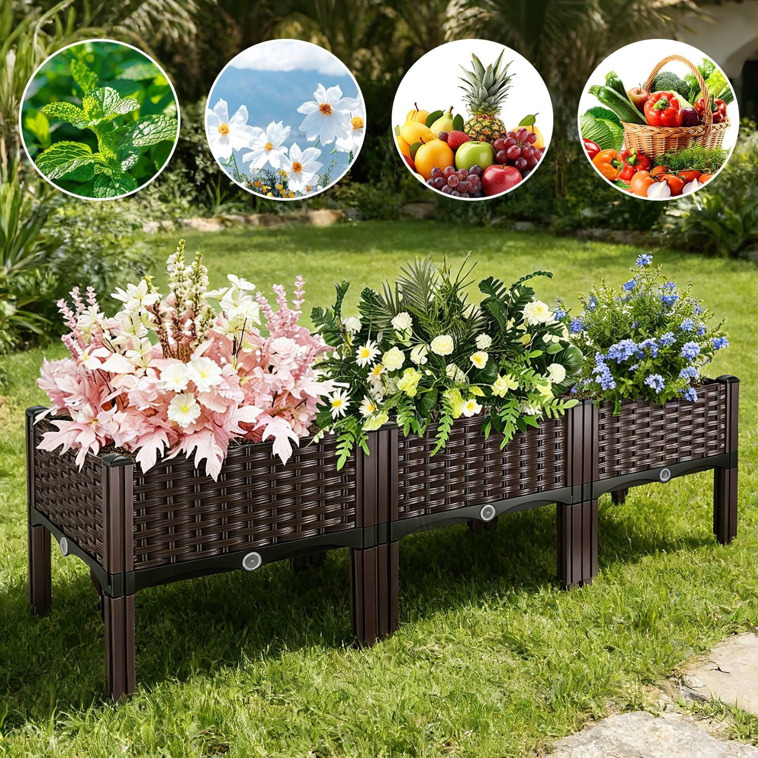 Elevated Raised Garden Bed with Self-Watering Design, Heavy Duty PP Plastic Planter Box S/M/L Sizes, No Back Strain Outdoor Gardening for Patio Backyard Balcony