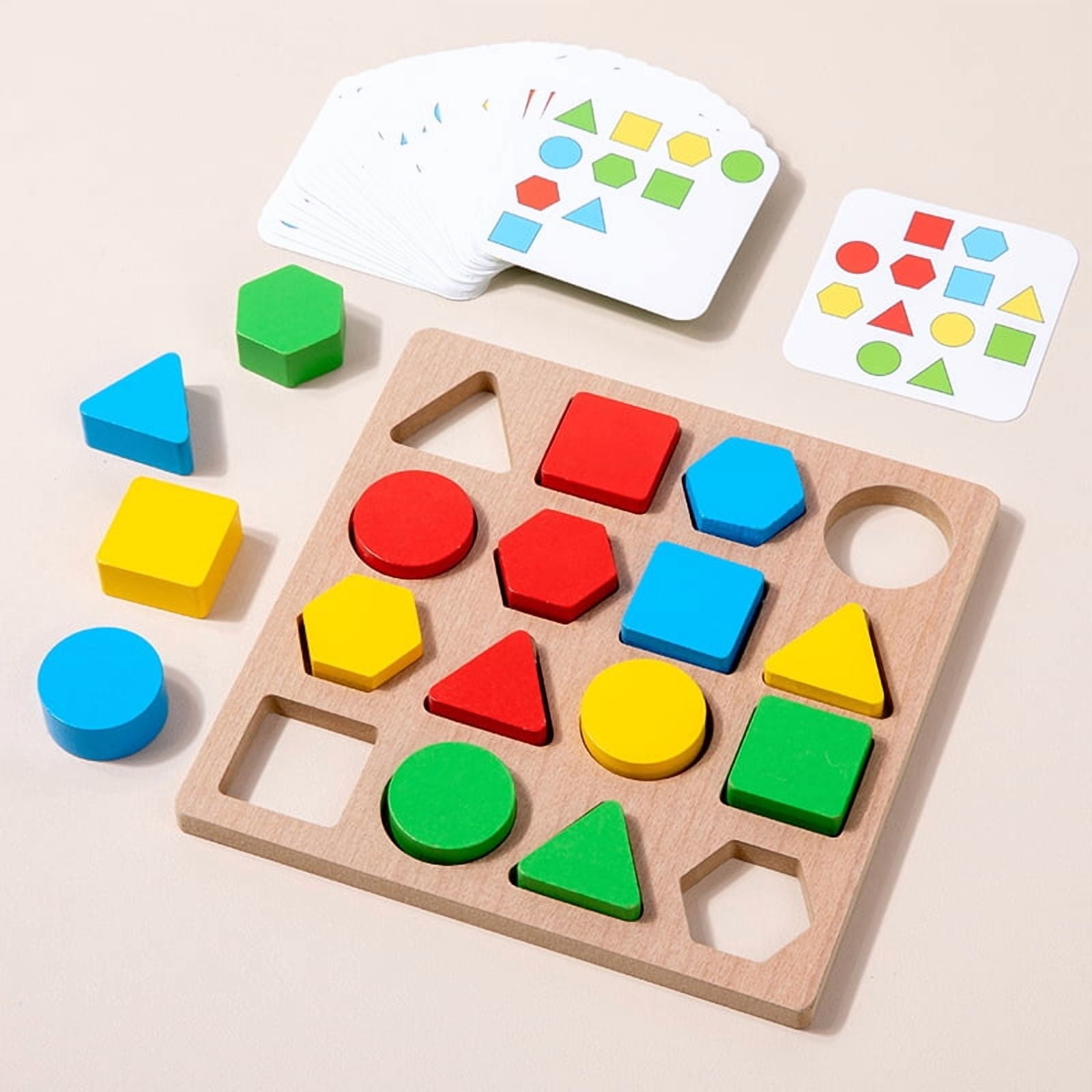 Wooden Early Learning Color & Shape Sorting Game Set Educational Matching Toy for Toddlers 30 Challenge Cards