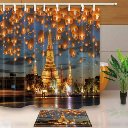 ARTJIA Wanderlust Decor Floating lamp Festival Bangkok Thailand Shower Curtain 66x72 inches with Floor Doormat Bath Rugs 15.7x23.6