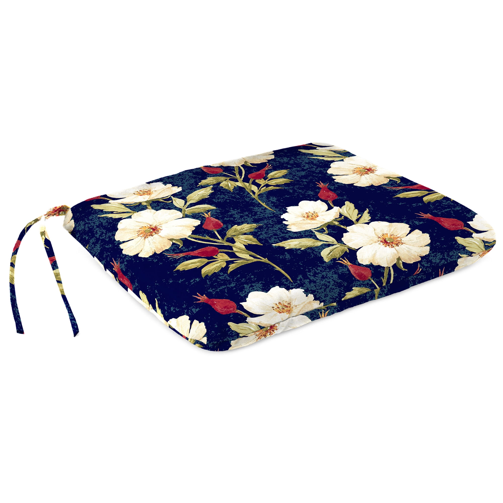 Jordan Manufacturing 16.5" x 18.5" Rose Garden Navy Floral Rectangular Outdoor Chair Pad Seat Cushion with Ties