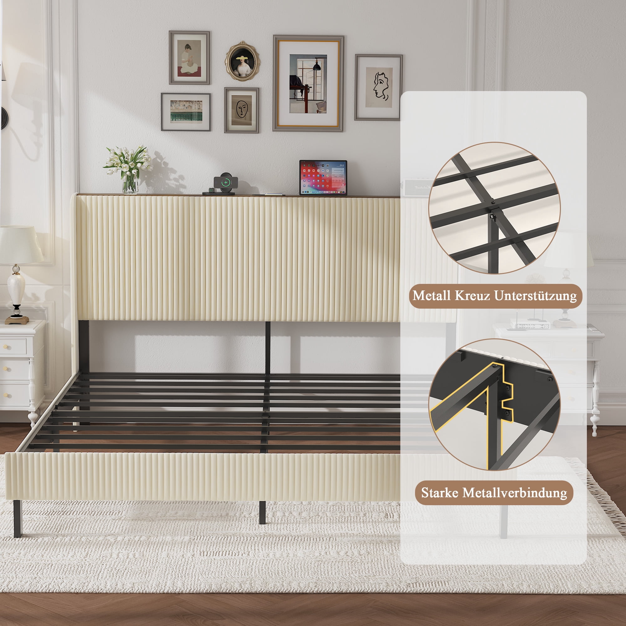 King Size Bed Frame with Headboard & Charging Station,Upholstered Platform King Bed Frames,Noise Free,Easy Assemble,Beige
