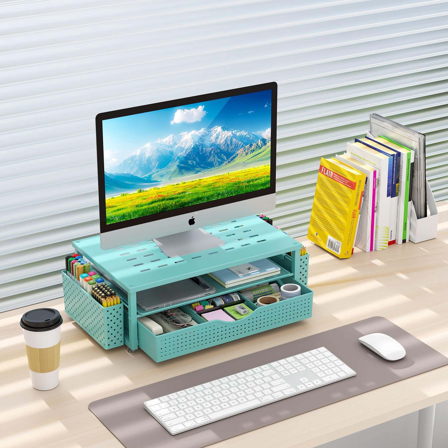 Desk Organizers And Accessories  Monitor Stand With Drawer 2 Pen Holder Desktop Organizer Suitable For Offices Dormitories (blue)