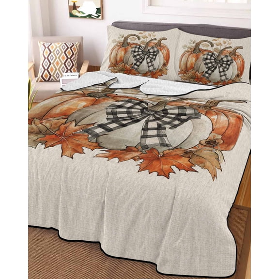 Orange Grey Pumpkins Fall Queen Size Down Alternative Comforter, Lightweight Comforter Quilt Bedding Set with Pillow Shams Thanksgiving Rustic All Seasons Bed Comforter Duvet Insert 90"x96"