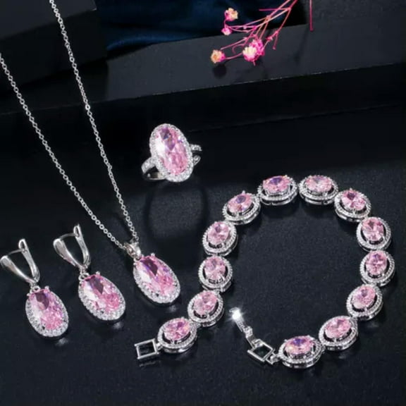 Elegant Oval Pink Cubic Zircon Stone Necklace Earrings Bracelet Ring Jewelry Set