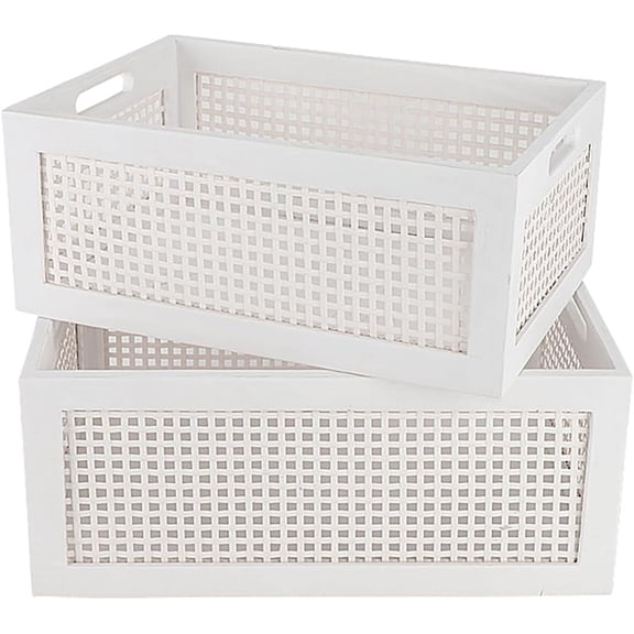 Wood Storage Baskets, Rattan Storage Baskets, Desk Office Drawer Storage Box. (White-Set2)