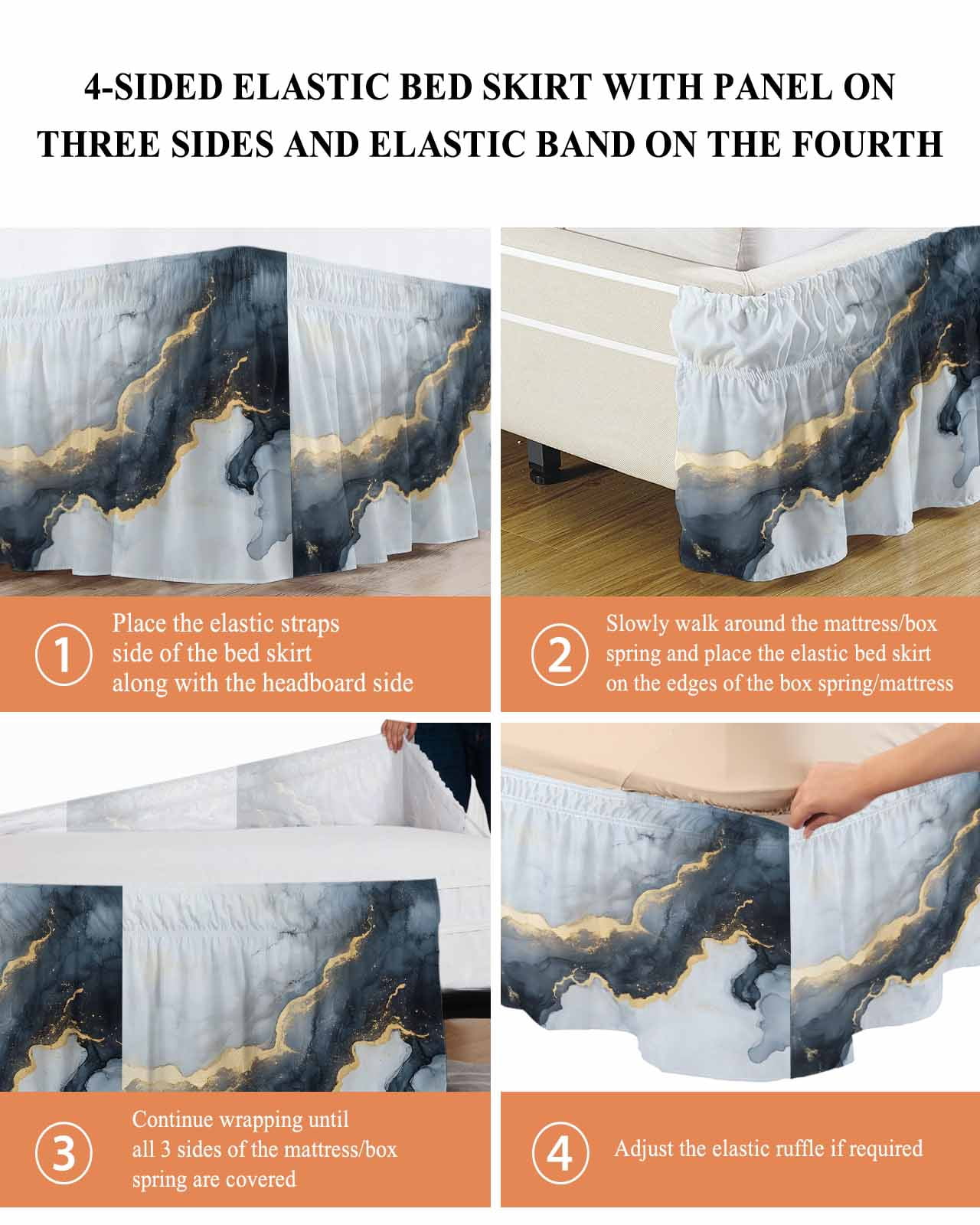 Black Marble Wrap Around Bed Skirts for Queen Bed 16" Drop, Bed Skirt with Adjustable Elastic Belt Dust Ruffle Bed Valance for Bedroom Hotel Luxury Modern Abstract Art Ink Painted Bed Frame Cover