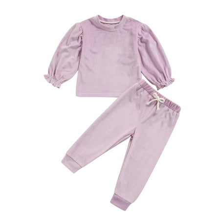 

Frobukio Kids Baby Boys Girls Clothes Sets Spring Autumn Solid Ribbed Puff Sleeve Tops+Pants Casual Outfits Light Purple 18-24 Months