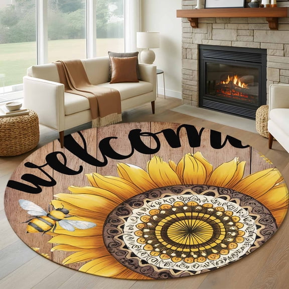 Round Area Rugs Collection 5 Ft, Welcome Non-Slip Residential Carpet, Summer Sunflowers Bohemia Floral Rustic Brown Wood Indoor Crawling Mats Runner Rugs for Living Room/Dining Room/Bedroom
