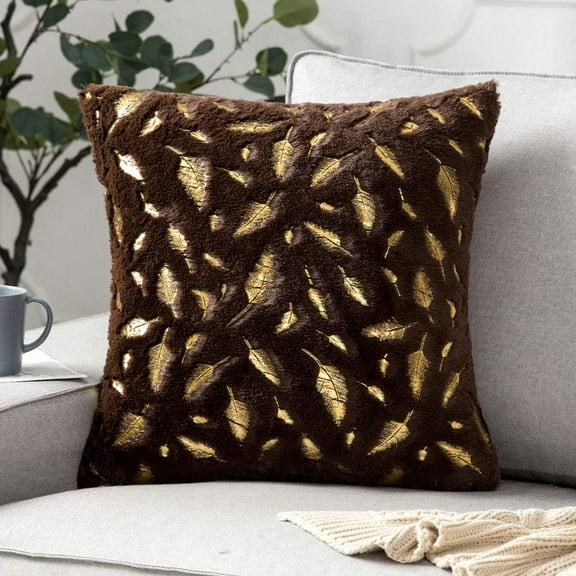 Nvzi-a Faux Fur Throw Pillows Cover with Gold Leaves Super Soft Plush Square (Coffee, 18"x18")
