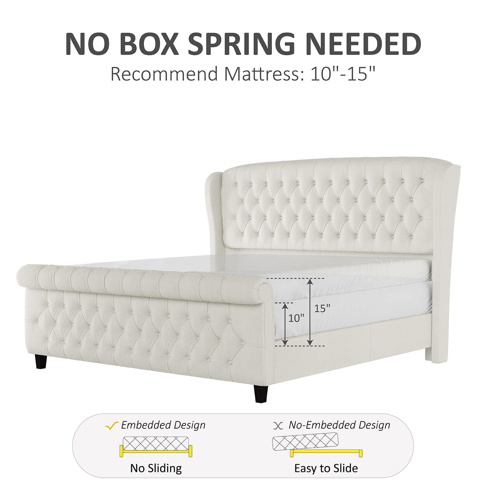 VanAcc Queen Size Platform Bed Frame, Chenille Upholstered Sleigh Bed Frame, Cream