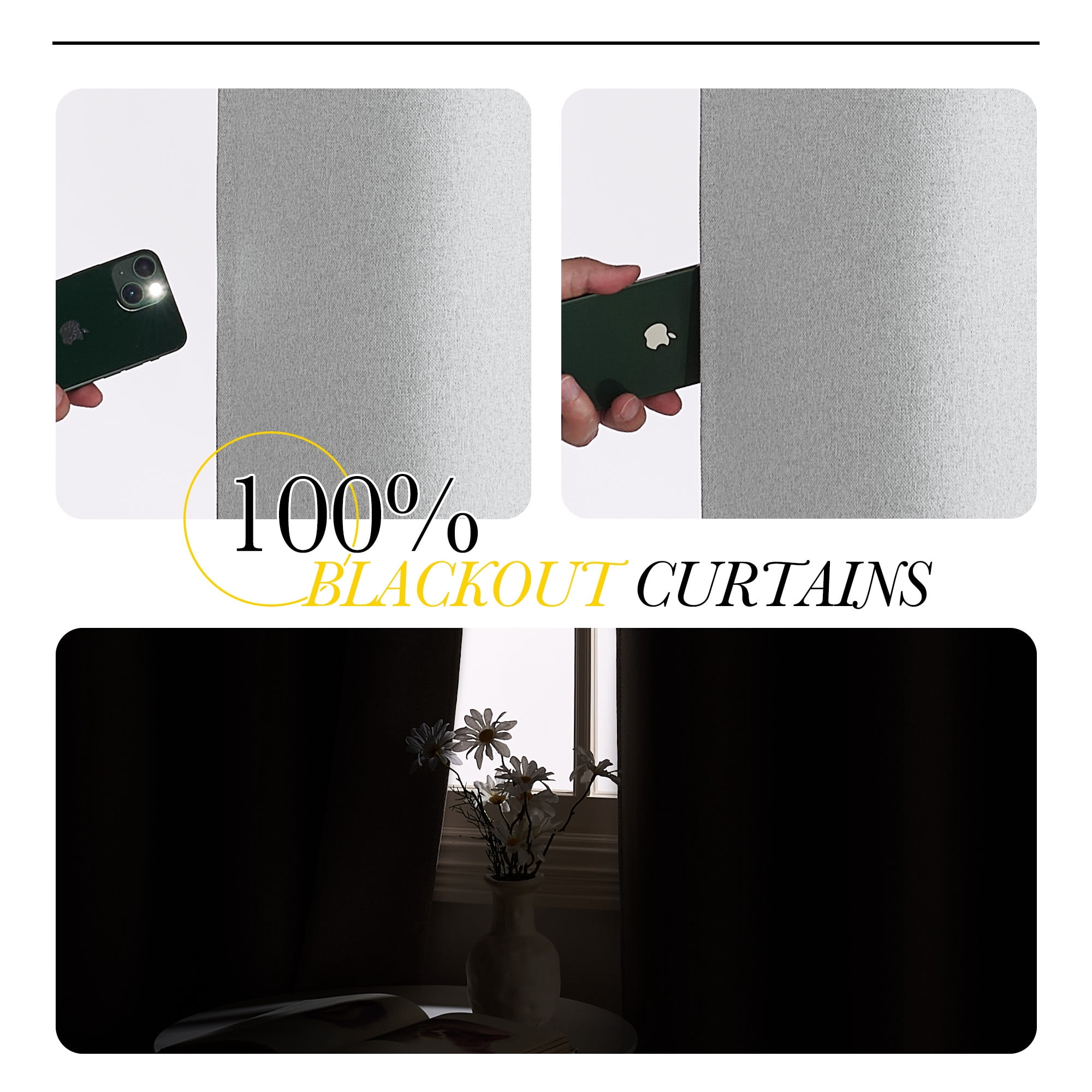 NICETOWN 100% Blackout Linen Curtain for Bedroom Energy Smart & Noise Blocking Out Blackout Drapes for Kitchen, 2 Panels, 52" W x 63" L, Greyish White