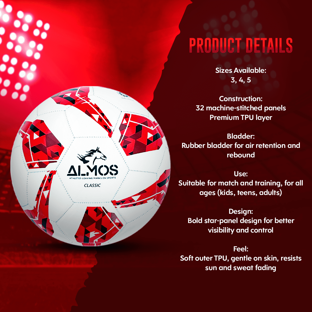 Almos Classic 32 Panel Soccer Ball, for Indoor and Outdoor, Red,  Size 5