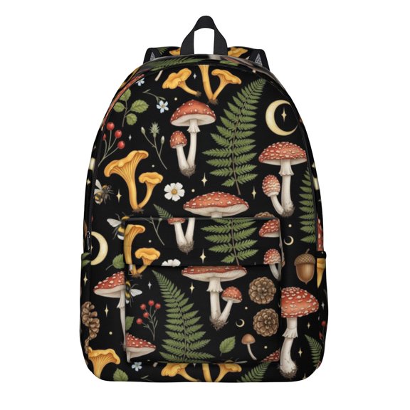 Mushroom and Cone Black Pattern Backpack for School, Cute School Bag with Adjustable Shoulder Straps and Padded Back, 15.7"x11.8"x5.5"