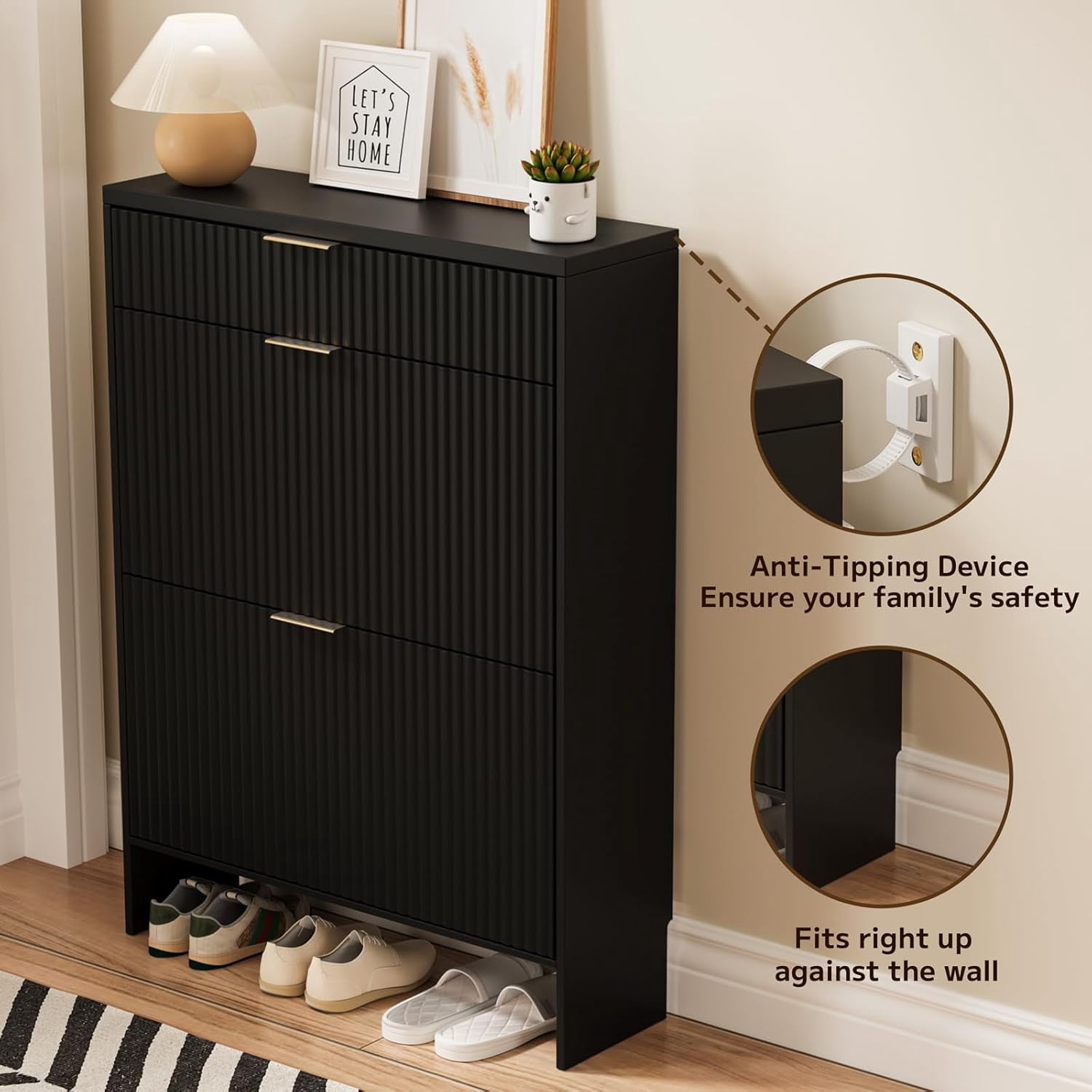 Howcool Fluted Entryway Shoe Cabinet with 2 Flip Drawers, Wood Narrow Freestanding Shoe Storage, Black