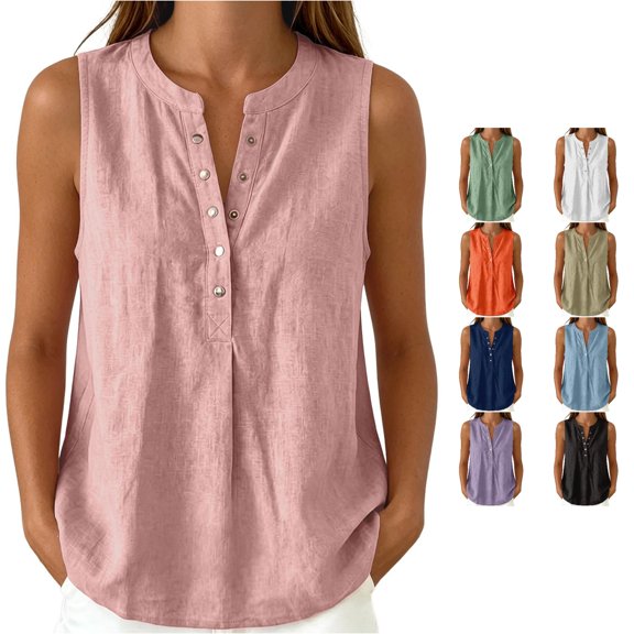 oqasdz Tank Tops for Women Sleeveless Button Crewneck Solid Color Shirt Comfort Loose Fit Blouse Lightweight Daily Wear Versatile Casual Outdoor,Pink,XL