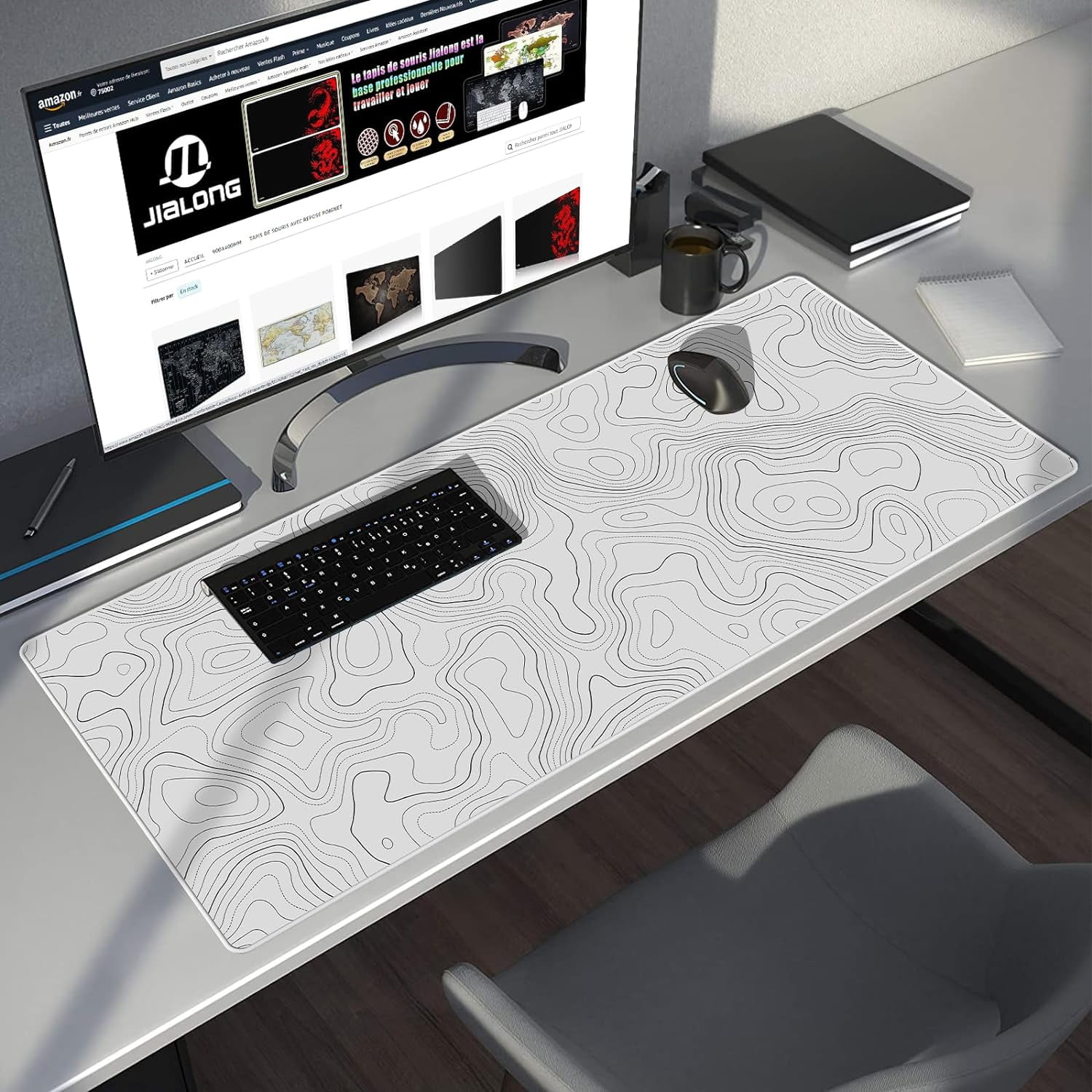 White Topographic Large Gaming Mouse Pad, XXL Mousepad, Big Mouse Mat Desk Pad for Keyboard and Mouse, Gaming Computer Laptop PC Desk Office Accessories