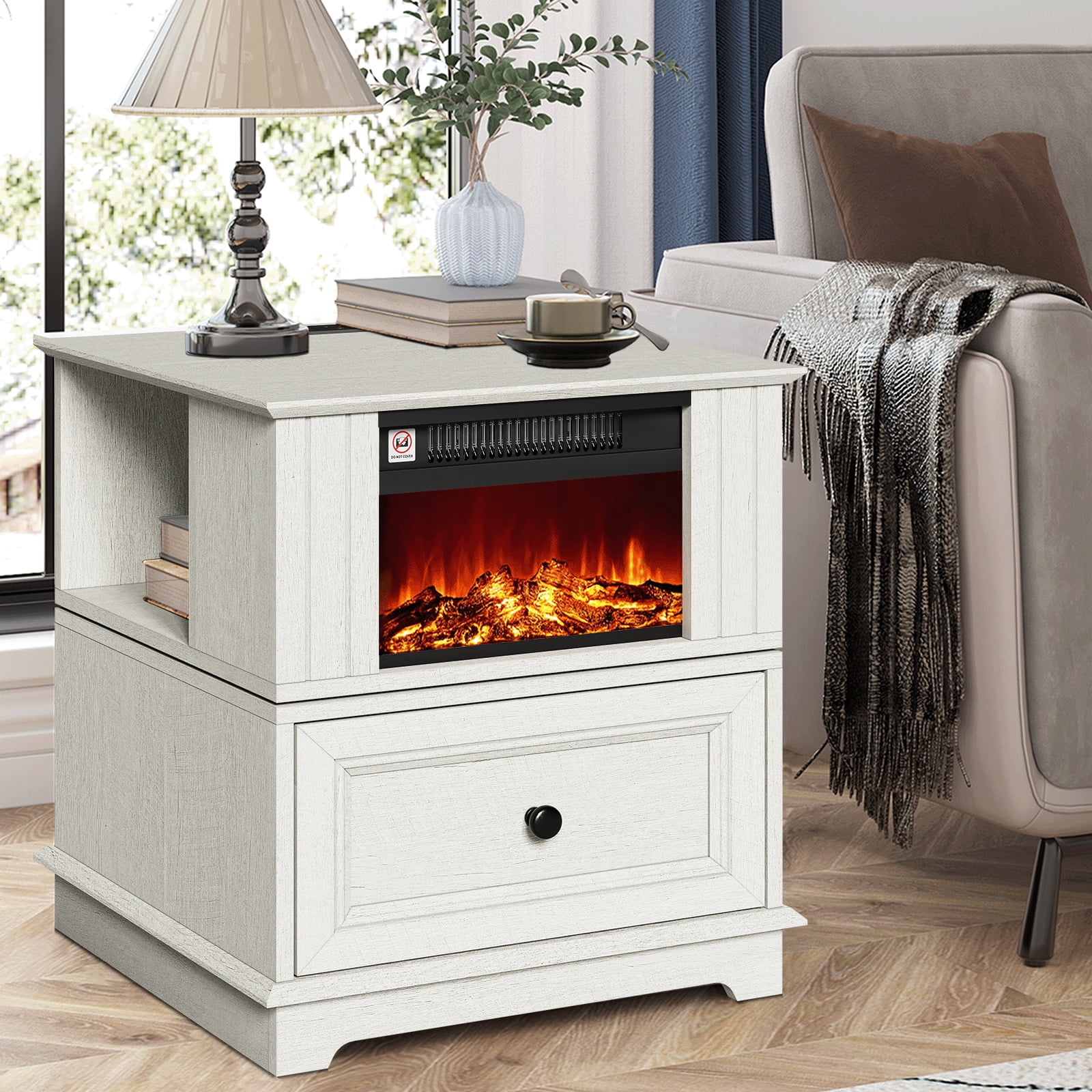 FAGAGA 19.7" Fireplace End Table with Charging Station, Rotating Square Side Table with Storage, Nightstand with Electric Fireplace Heater for Bedroom Living Room | White