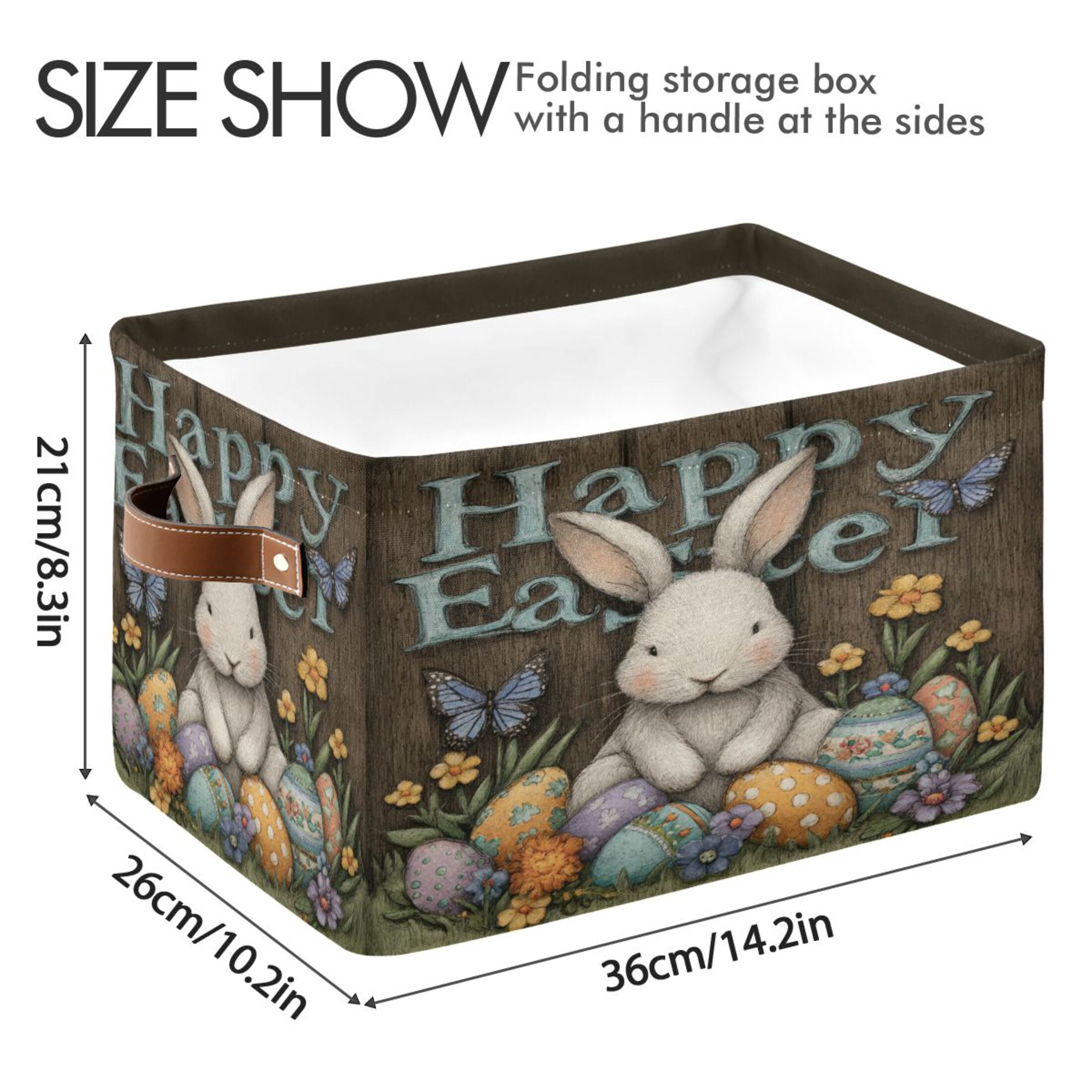 Wobogo Cute Easter Bunny Square Storage Basket Set of 2 with Waterproof Canvas and PE Lining Durable PU Leather Handles 14.2×10.2×8.3in
