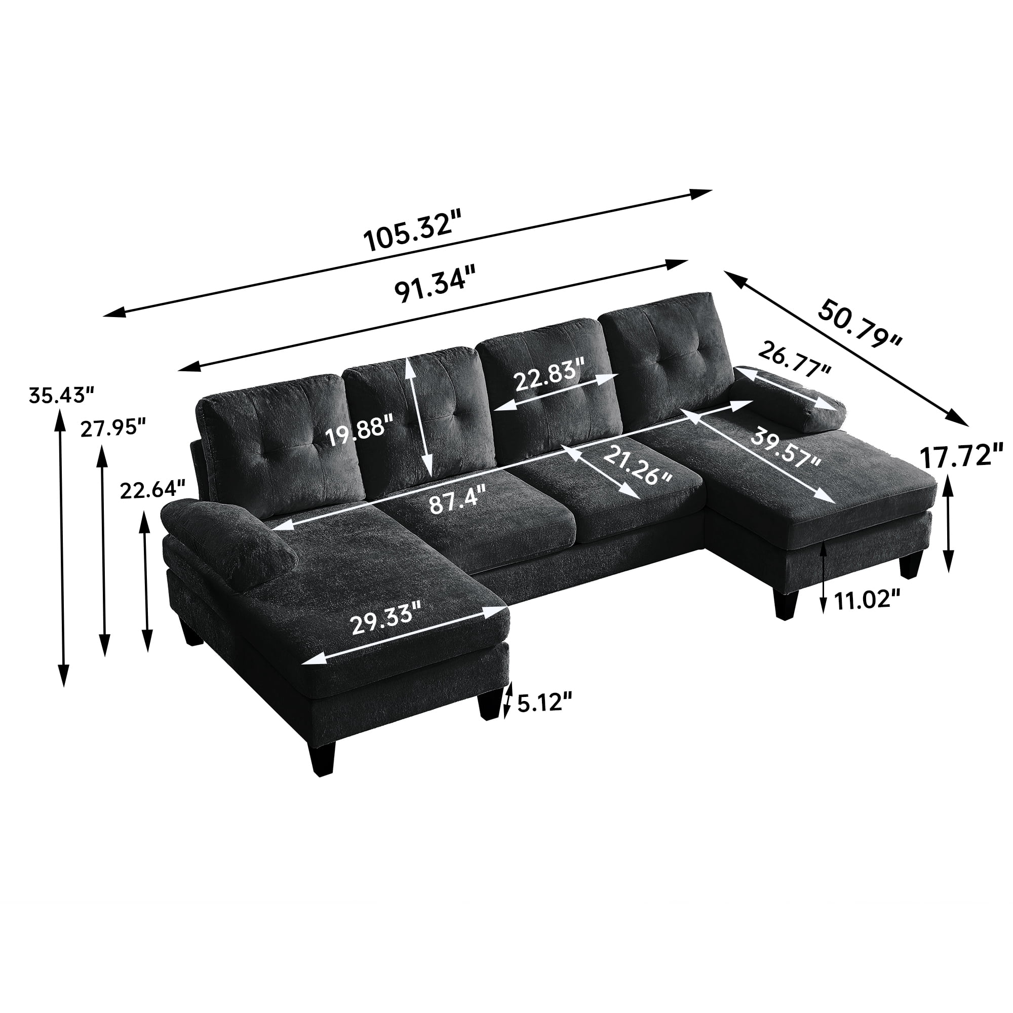Pingliang Home 105" Sectional Sofa Couch with Oversized Double Chaises,Modern Chenille 4-seater U Shaped Couch,21" Deep Seat Sofa for Living Room Office Studio Apartment