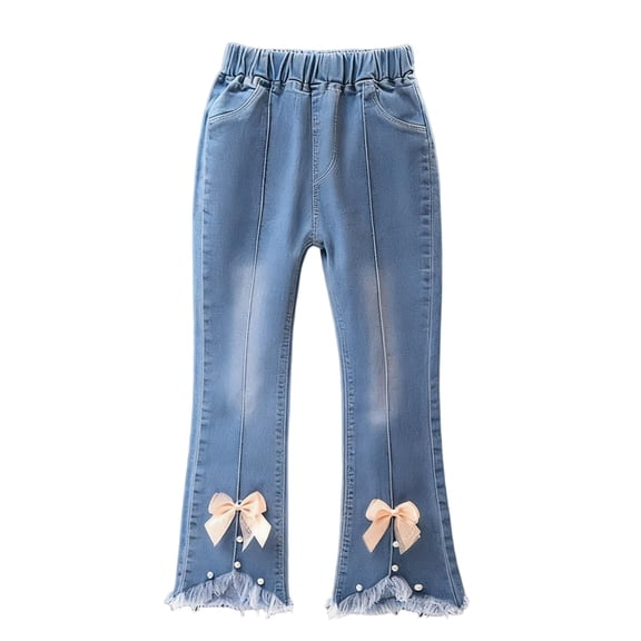 Girls' Light Blue Flare Jeans with Bow & Pearl Details, Elastic Waistband, Soft Stretch Denim Pants for Kids to Big Kids (2-13 Years),Size 5-6 T