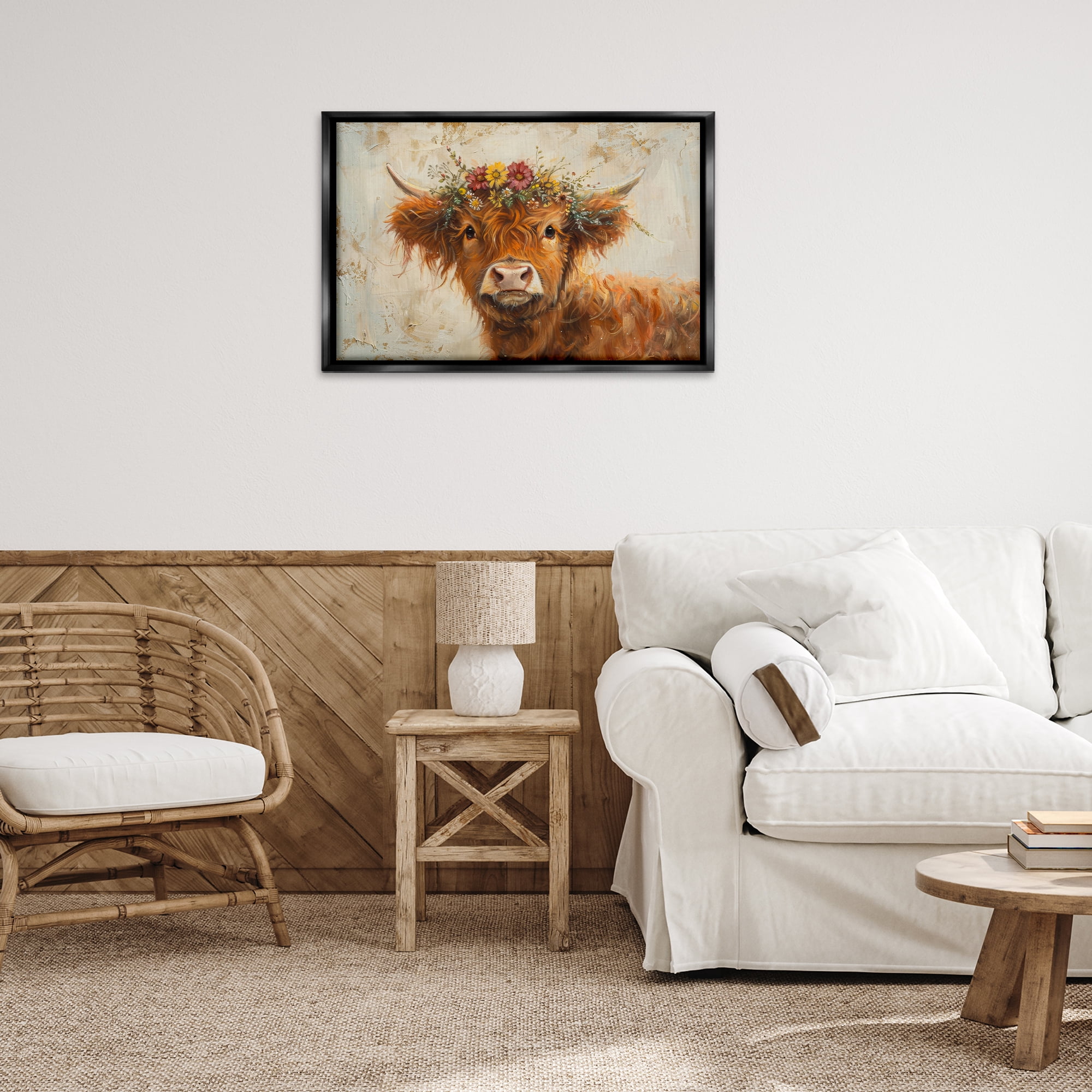 Stupell Industries Floral Crown Highland Animals & Insects Painting Black Floater Framed Canvas Art Print Wall Art, 31 x 21