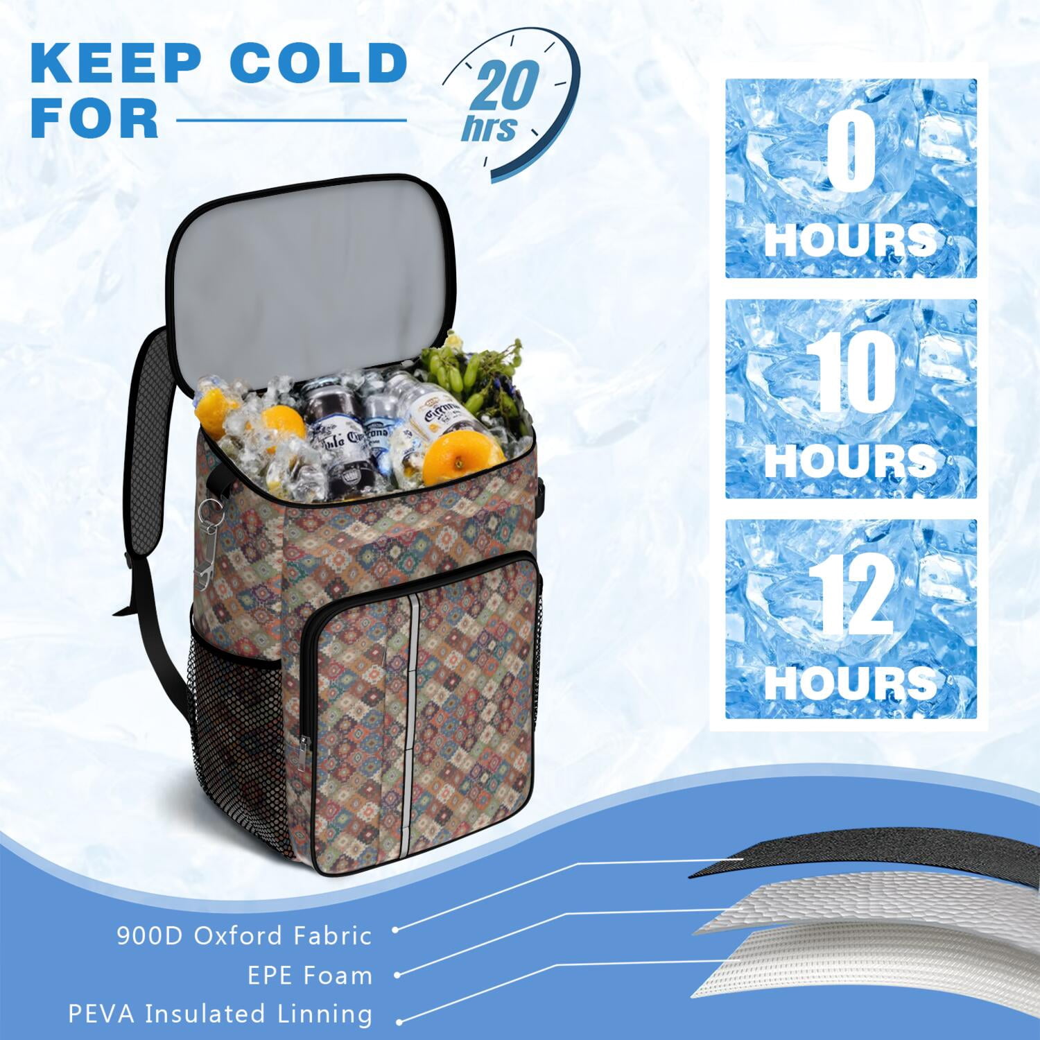 Travel Cooler Bag - Boho Bohemia Flower Camping Beer Cooler Backpack with Bottle Opener- Waterproof Insulated Picnic Backpacks - Cooler Bag for Beach