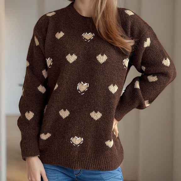 Crunowin Women's Fashion Sweater, Long Sleeve Loose Fit Comfort Wear Heart Print Crewneck Casual Pullover Tops Brown L