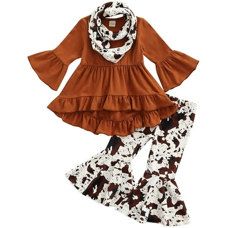 

Zukuco Little Toddler Baby Girl Clothes Long Sleeve Cow Print Outfit T-Shirt + Flare Pants Bell-Bottom Tie Dye Leggings Set