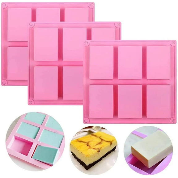 cSet of 3, 6 Cavities DIY Handmade Soap Moulds - Cake Pan Molds for Baking, Biscuit Chocolate Mold, Silicone Soap Bar Mold for Homemade Craft, Ice Cube Tray, Pink