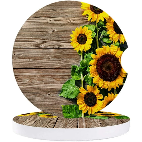 FMSHPON Rustic Wood Plank Sunflower Spring Blooming Set of 6 Car Coaster for Drinks, Absorbent Ceramic Stone Coasters Cup Mat with Cork Base for Home Kitchen Room Coffee Table Bar Decor