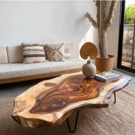 Live Edge Coffee Table, Handcrafted Natural Wood Coffee Table with Rustic Organic Modern Design for Farmhouse Living Room Decor