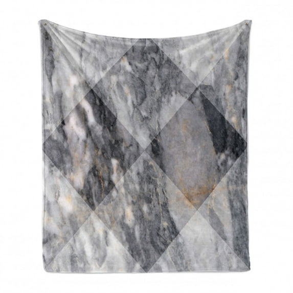 Abstract Soft Flannel Fleece Throw Blanket, Geometric Diamond Shaped Grunge Granite Rock Facet Forms Ceramic Abstract Print, Cozy Plush for Indoor and Outdoor Use, 60" x 80", Pale Grey, by Ambesonne