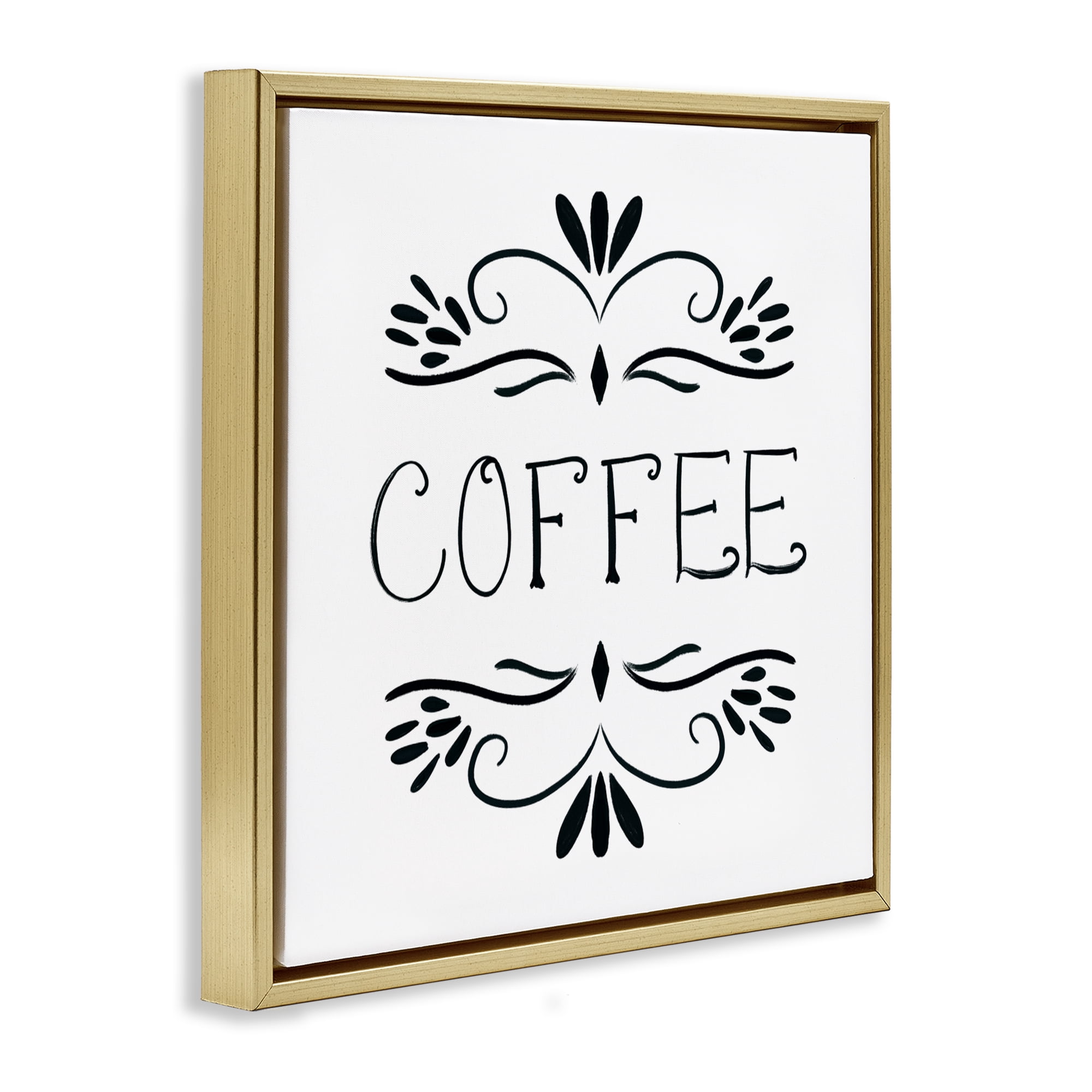 Stupell Industries Coffee with Floral Emblems Gold Framed Floater Canvas Wall Art, design by Lucille Price