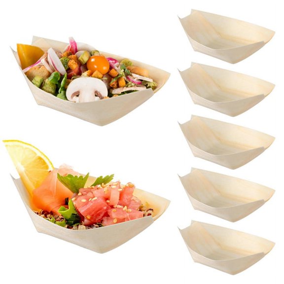 150PCS Disposable Sushi Boats Appetizer Plates Wooden Food Trays Wooden Dinner Plates Sushi and Sashimi Kits