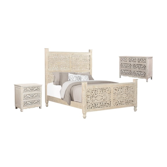 Taran Designs Monte 3-piece Floral Carved Solid Wood Bedroom Set in White