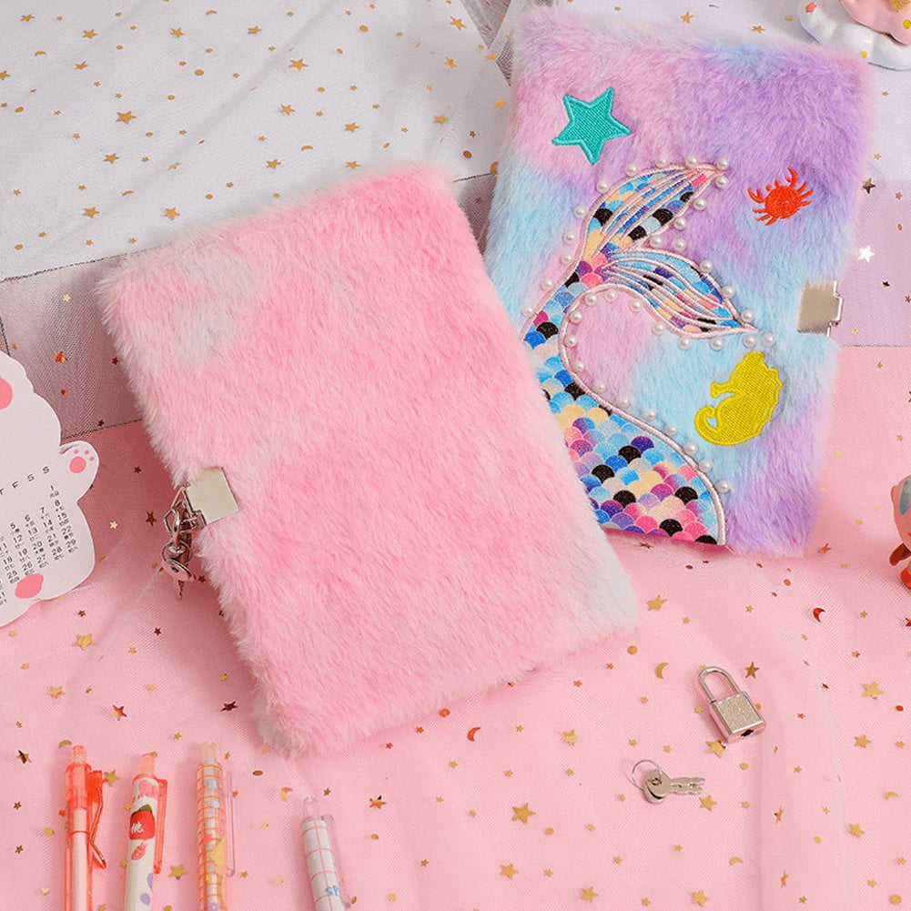 Hzzsbu Plush Mermaid Notebook A5 Mermaid Diary Glitter Journal for Hardcover Notebooks Writing Drawing Embroidery Notepad with Locks and Keys