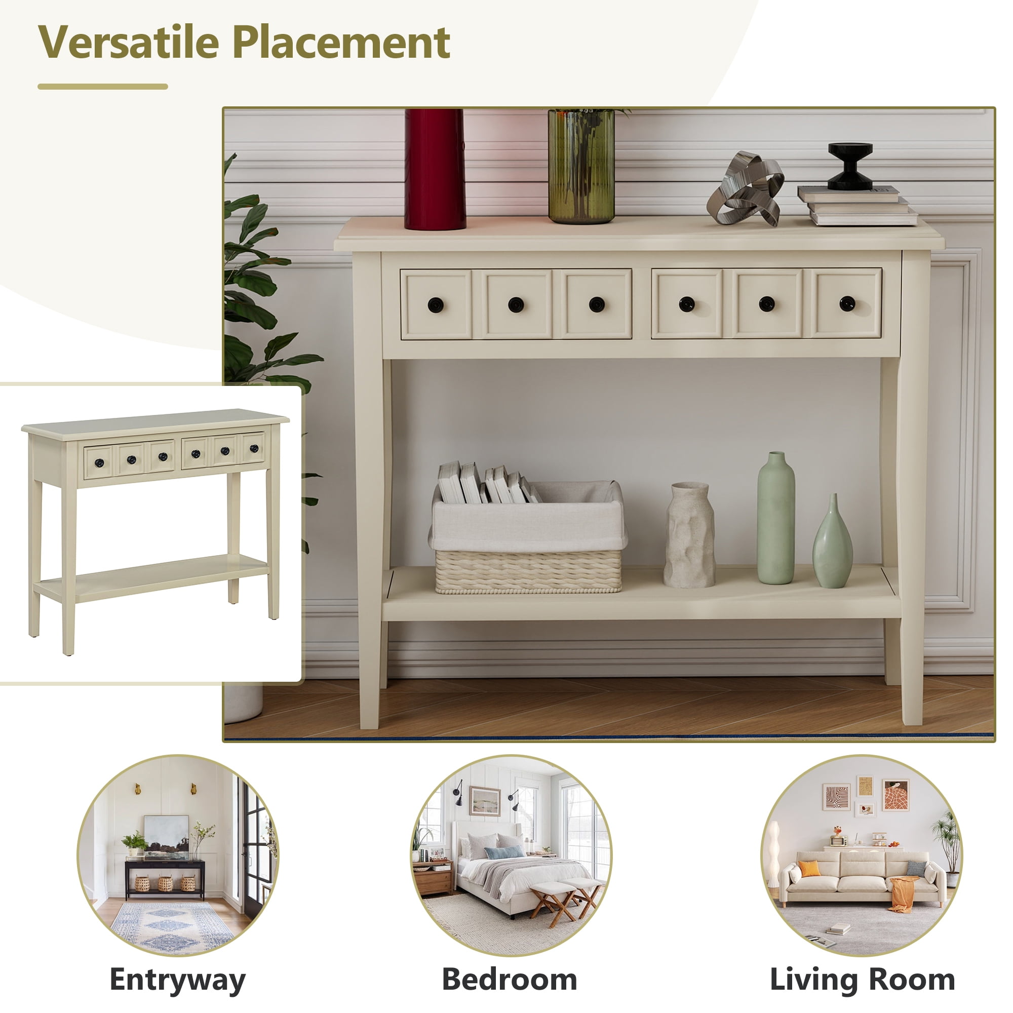 EUROCO 38.2" Console Table,Sofa Table Entryway Table with Rubber Wood Legs,2 Drawers and Open Shelf,Rustic Hallway Accent Table for Living Room, Entrance,Light Tan