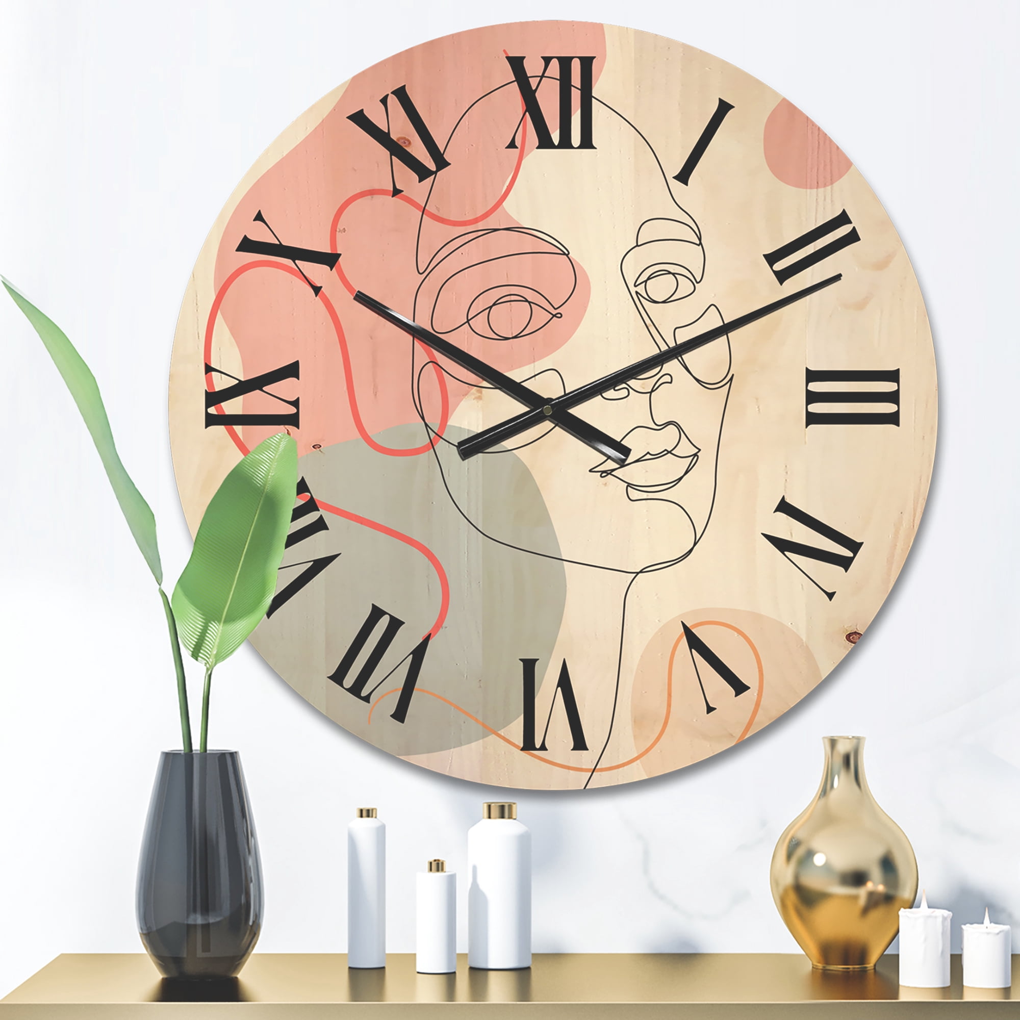 Designart 'One Line Drawing of Young Girl In Pastel Tones' Modern Wood Wall Clock