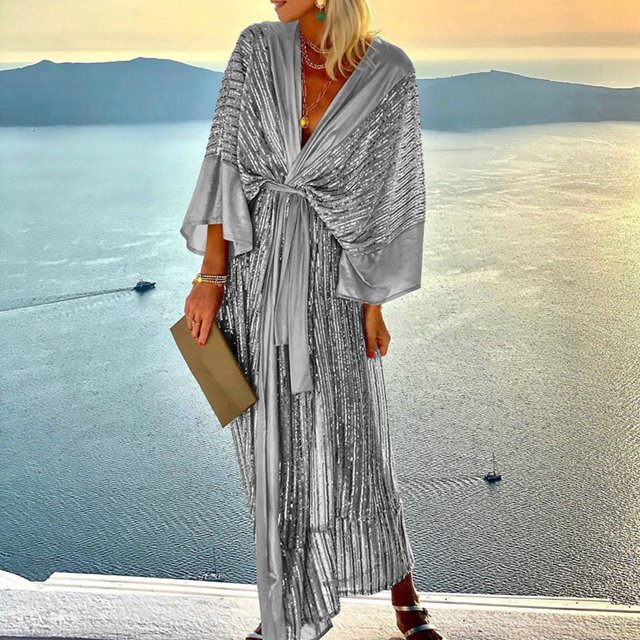 Robe de Soirée, Robe Maxi Moulante à Manches Longues avec Sequins, Taille à Lacets et Ourlet Fendu pour Soirée
