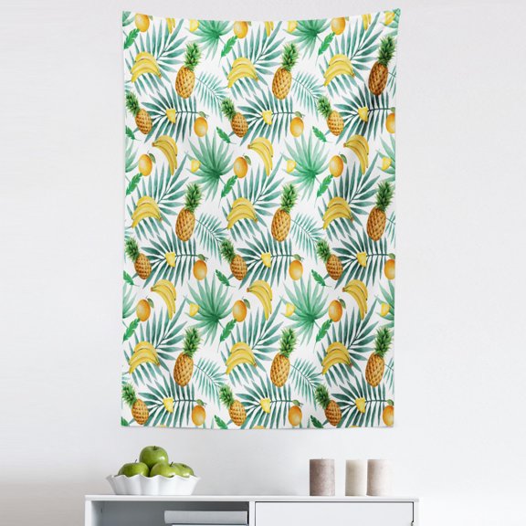 Watercolor Tapestry, Exotic Fruits Pattern Pineapples Bananas Oranges Tropical Leaves, Fabric Wall Hanging Decor for Bedroom Living Room Dorm, 5 Sizes, Green Yellow Pale Brown, by Ambesonne
